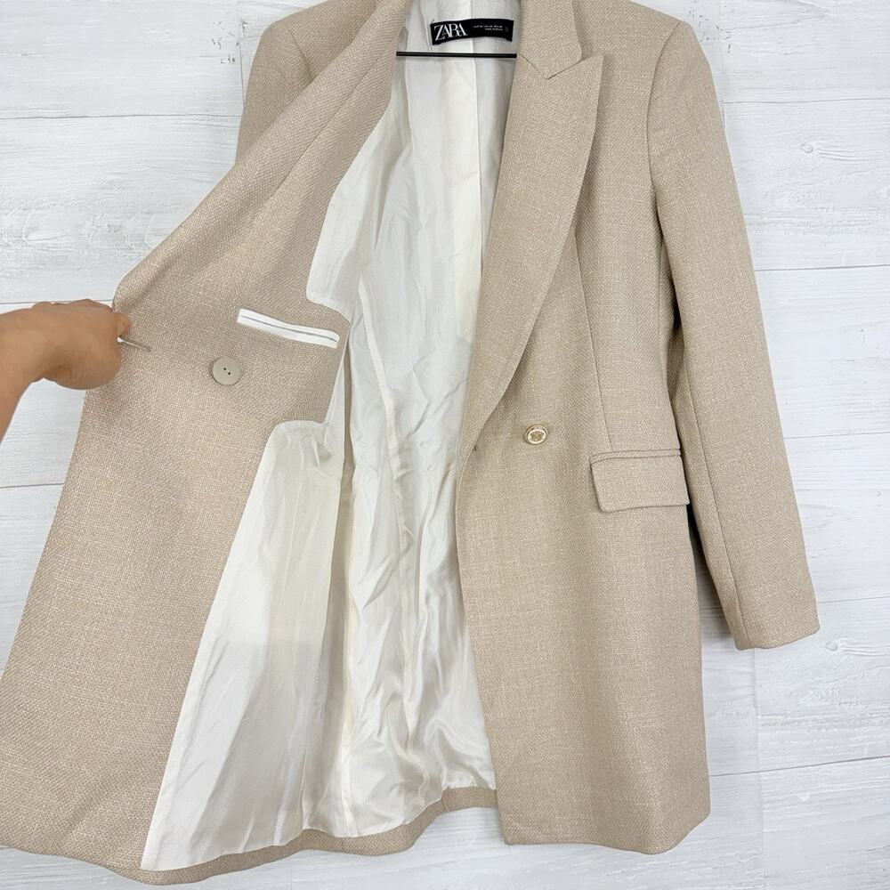 Zara Double Breasted Long Blazer XS Neutral Tailored Academia Textured Office - Picture 5 of 16